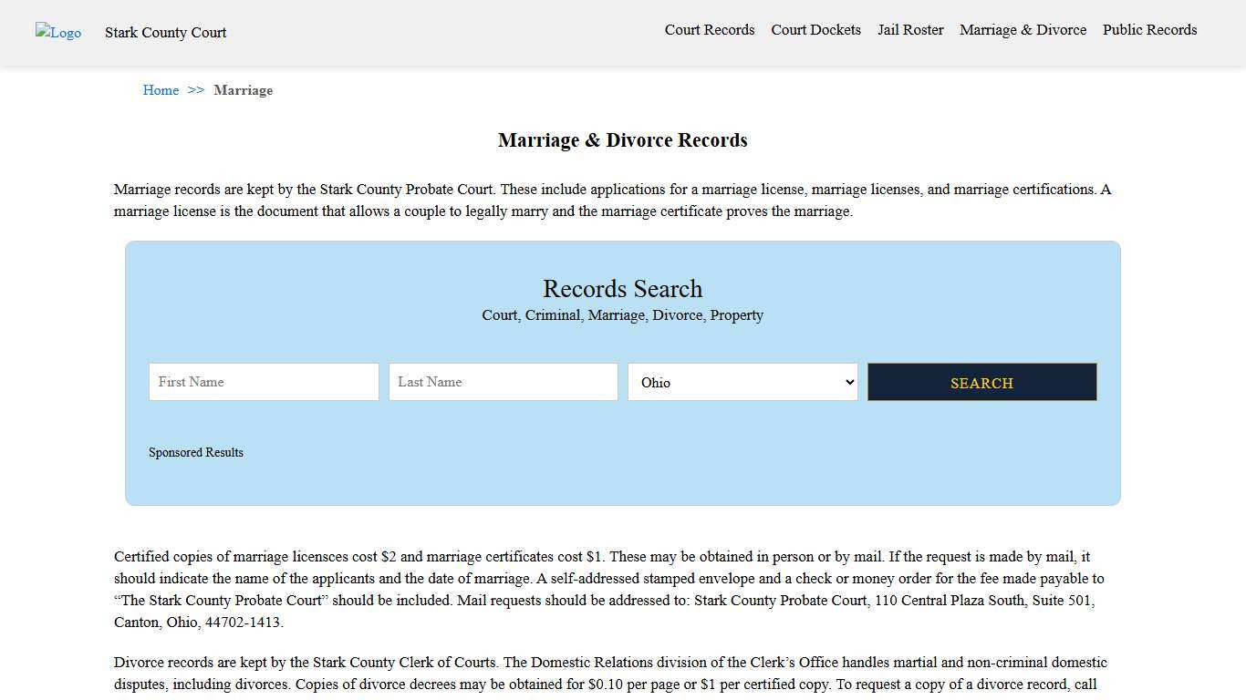 Marriage & Divorce Records Stark County Court